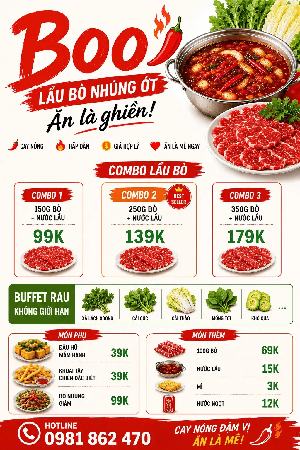 Mâm bò nhúng ớt và nguyên liệu tươi tại Boo